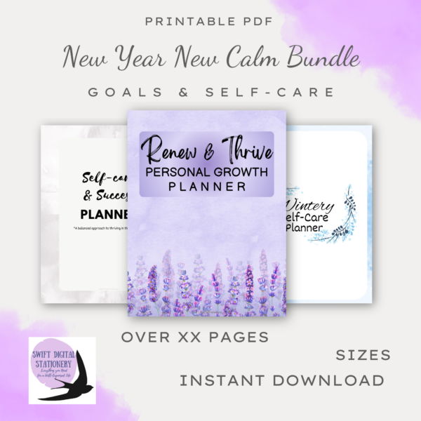 New Year New Calm Bundle digital download covers of three products in the bundle with artistic watercolor corners with logo