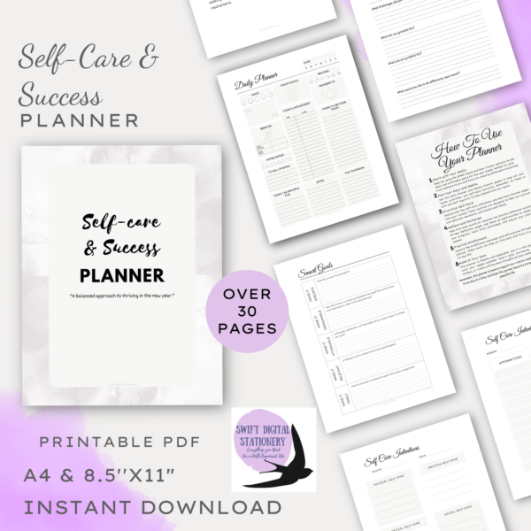 Self-Care & Success Planner digital download cover and a selection of pages from the planner with artistic watercolor corners and logo. Information included about pages, printable pdf and size of papers the product in available in