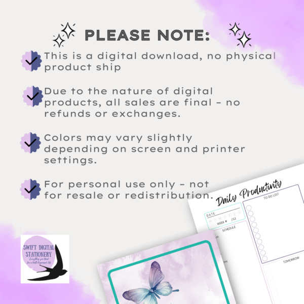 Please note section showing the points applicable to printable goal planner
