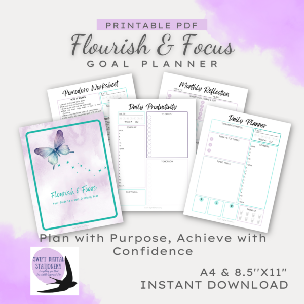 Printable planner with daily and weekly planning pages for productivity.