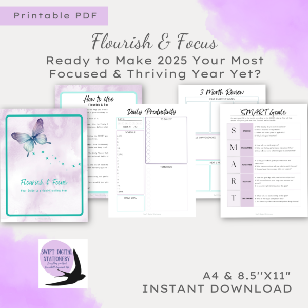 Goal-setting workbook with SMART goal pages and vision planning.