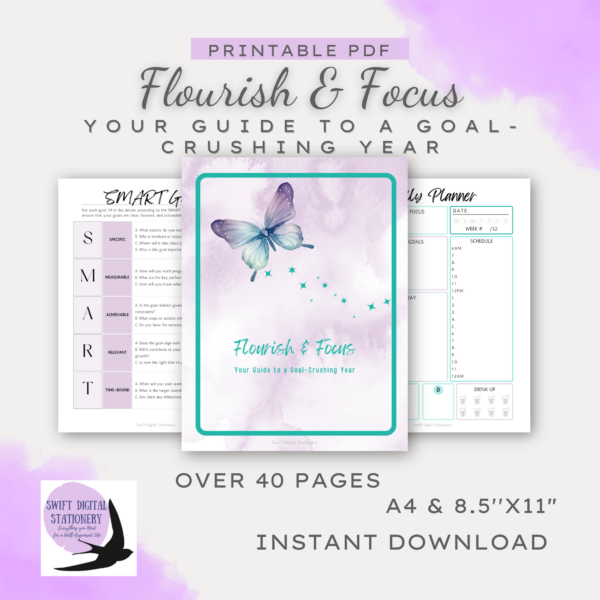Digital goal planner for 2025, productivity and organization workbook for women.