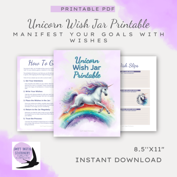 A colourful Unicorn Wish Jar Printable with decorative stars, hearts, and stickers to help manifest dreams and set positive intentions.
