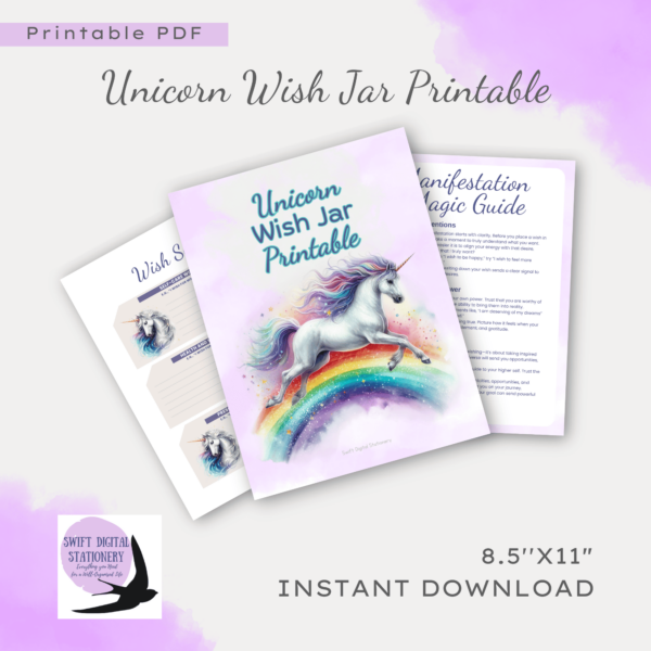 A colourful Unicorn Wish Jar Printable with decorative stars, hearts, and stickers to help manifest dreams and set positive intentions.