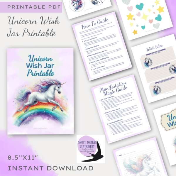 A colourful Unicorn Wish Jar Printable with decorative stars, hearts, and stickers to help manifest dreams and set positive intentions.