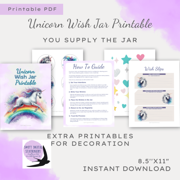 A colourful Unicorn Wish Jar Printable with decorative stars, hearts, and stickers to help manifest dreams and set positive intentions.