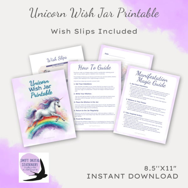 A colourful Unicorn Wish Jar Printable with decorative stars, hearts, and stickers to help manifest dreams and set positive intentions.