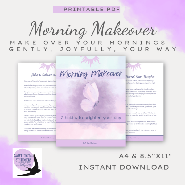 Morning Makeover printable routine planner displayed on iPad and paper – includes fillable PDF pages and calming self-care tools.