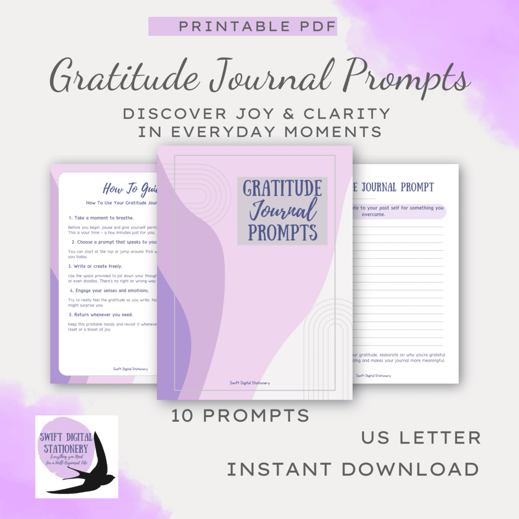 A mockup showing the cover of the gratitude journal prompt and two pages from inside