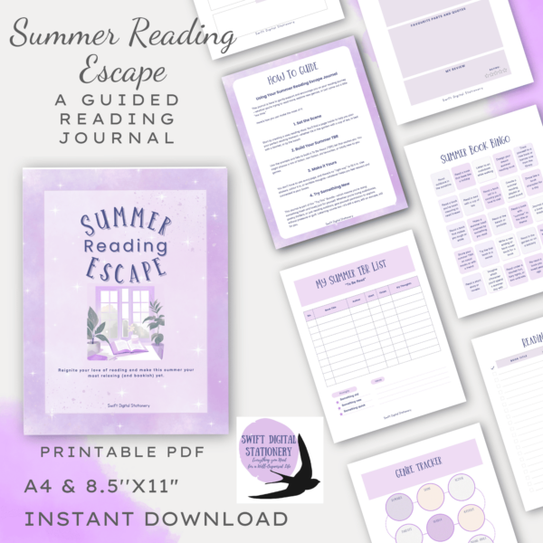 Preview page from the Summer Reading Escape guided journal showing printable reading prompts and reflection pages