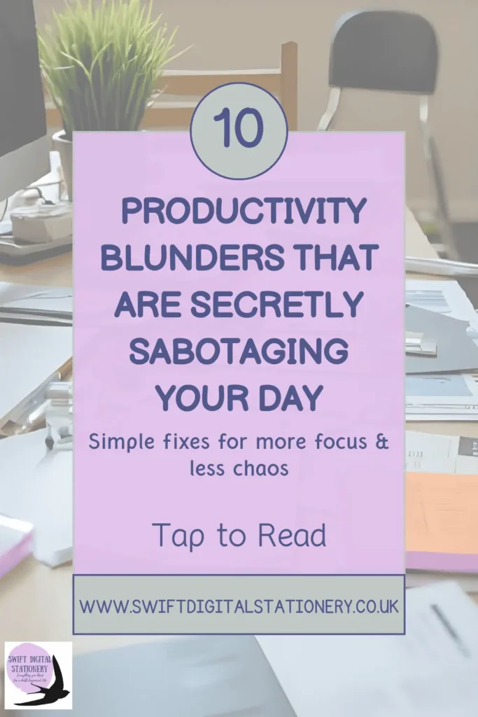 Pinterest image highlighting 10 productivity mistakes to avoid for women, featuring a cluttered desk background with bold headline and blog call-to-action