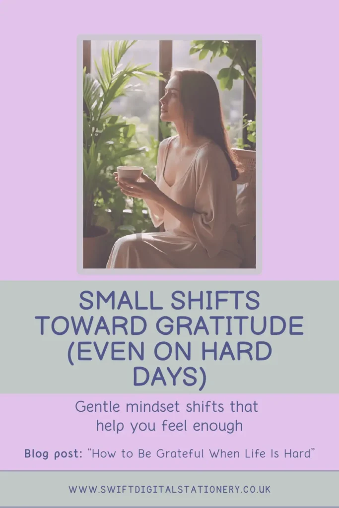 Pinterest pin: How to be grateful when life is hard – cozy photo of woman with tea.