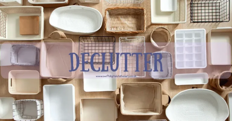 An assortment of neatly arranged empty baskets and containers with "DECLUTTER" displayed across the center, symbolizing organization and tidiness.