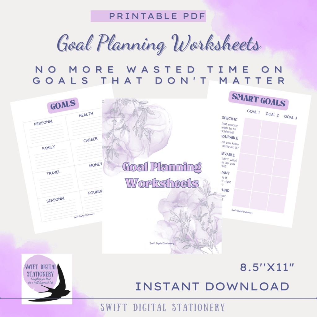 Printable Goal Planning Worksheets PDF - 13 pages of guided goal setting templates with purple floral design for personal development and life planning