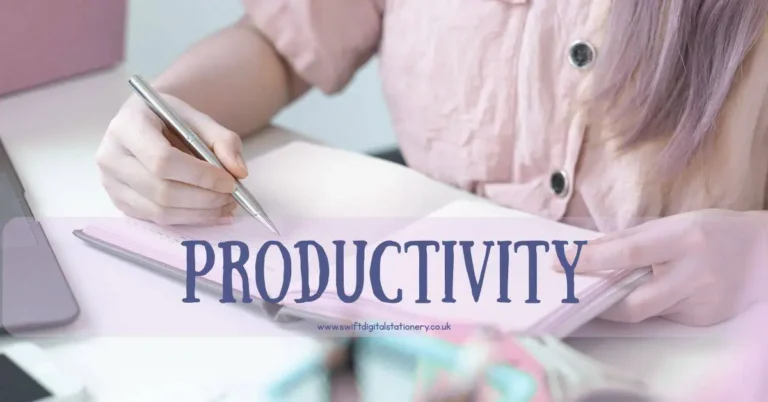 A woman holding a pen, poised to write in a notebook, with the word 'Productivity' displayed on a light purple banner, symbolizing focus and organization.