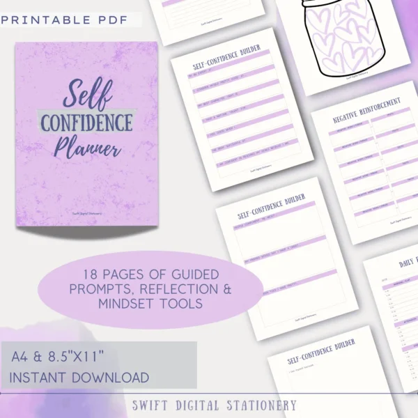 Collection of self-confidence planner worksheet pages showing variety of exercises and layouts