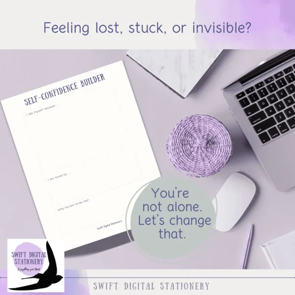 Self-confidence planner worksheet page displayed next to laptop with coffee and purple accessories