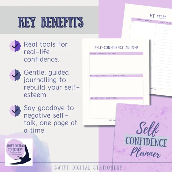 Self-confidence planner key benefits page listing confidence building features