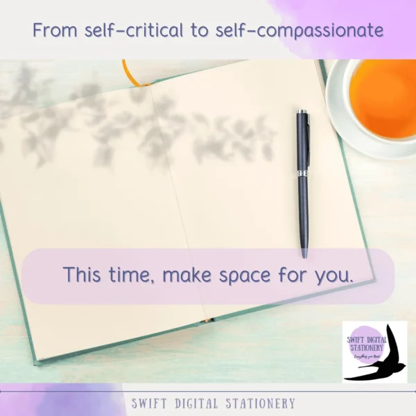 Self-confidence planner pages arranged with tea cup in cozy setting