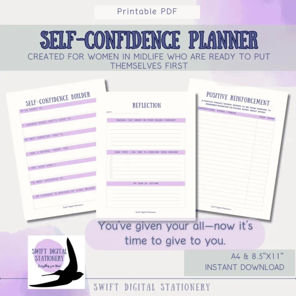 Self-confidence planner worksheets arranged with coffee cup and purple accessories