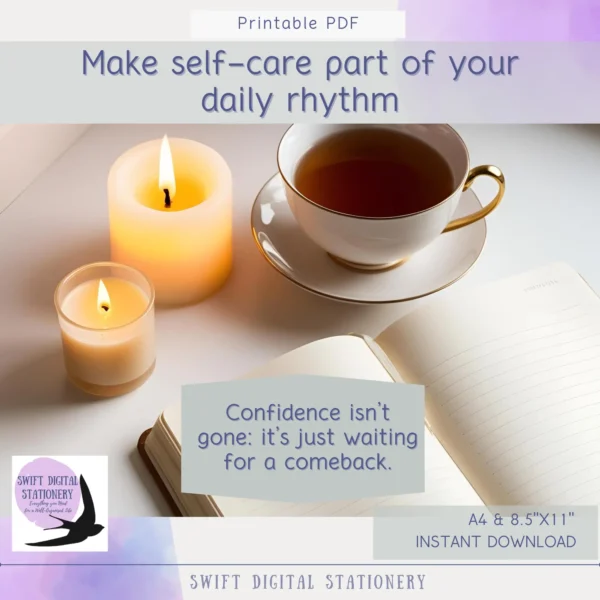 Self-confidence planner displayed with coffee cup and warm lighting setup