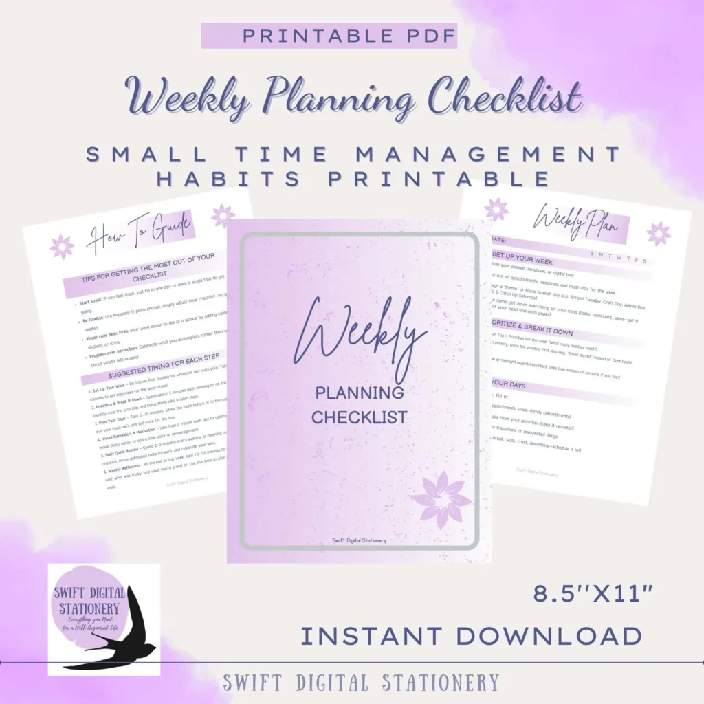 A neatly arranged workspace featuring a digital printable designed for better time management. The sheet is placed alongside a pen and planner, emphasizing organization and productivity.