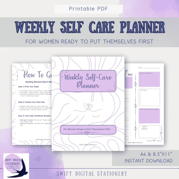 Weekly Self-Care Planner cover page with lilac purple design showing welcome page and daily planning sheets