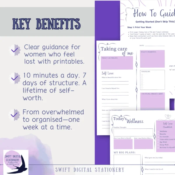 Outline of the benefits of the weekly self care planner for woemen who can put themselves first