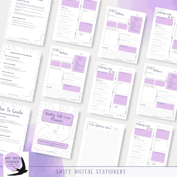 Grid layout showing multiple pages of weekly self-care planner including welcome, daily trackers, and guidance pages