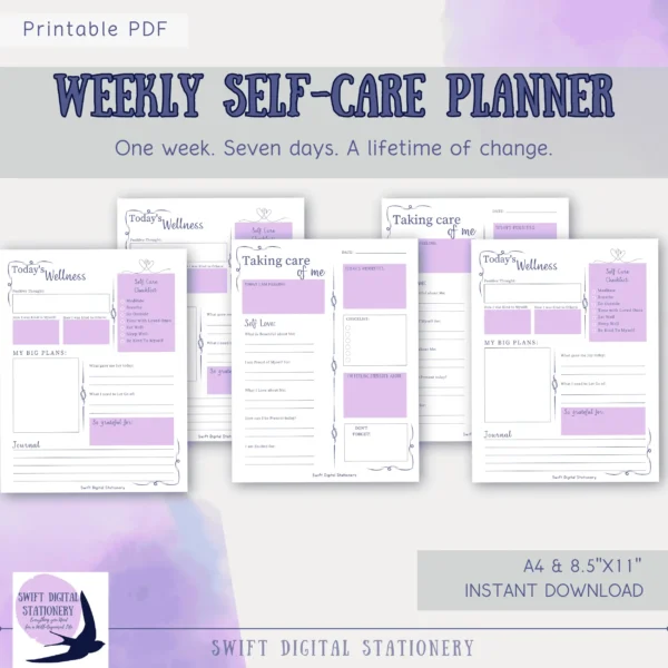 Seven daily self-care planning pages arranged showing one week structure with Taking Care of Me and Today's Wellness layouts