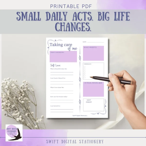 Purple themed graphic with text about self-care planner for women ready to stop being everyone else's everything
