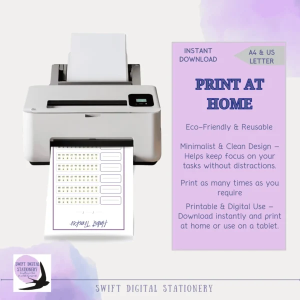 Printable habit tracker page from Summer Reset Self-Care Planner shown being printed. Includes purple box with instant download details and Swift Digital Stationery branding.