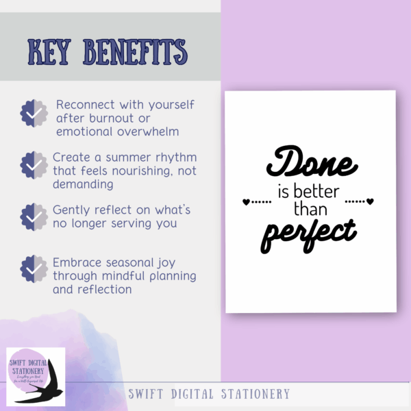 Graphic with motivational quote ‘Done is better than perfect’ and a list of benefits for summer reflection, including emotional reconnection and mindful planning. Includes Swift Digital Stationery branding.