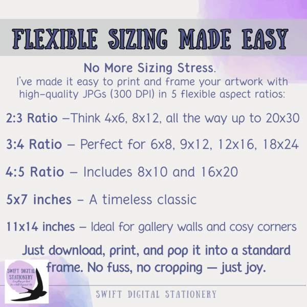Informational graphic showing five flexible aspect ratios for printable wall art, including 2:3, 3:4, 4:5, 5x7, and 11x14 inches, with guidance for easy framing and printing.