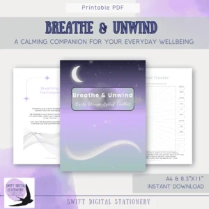 Mockup of the Breathe & Unwind stress relief toolkit with the phrase “A calming companion for your everyday wellbeing,” featuring soft, soothing colors and a peaceful layout.