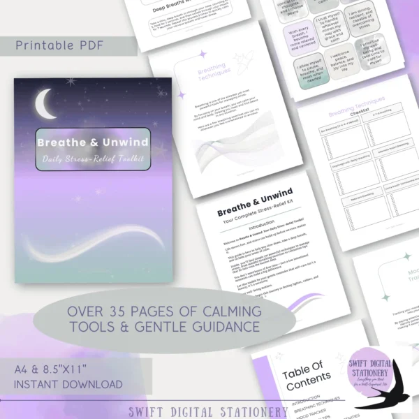 Mockup showing multiple printable pages from the Breathe & Unwind stress relief toolkit, with the text “Over 35 pages of calming tools & gentle guidance.”