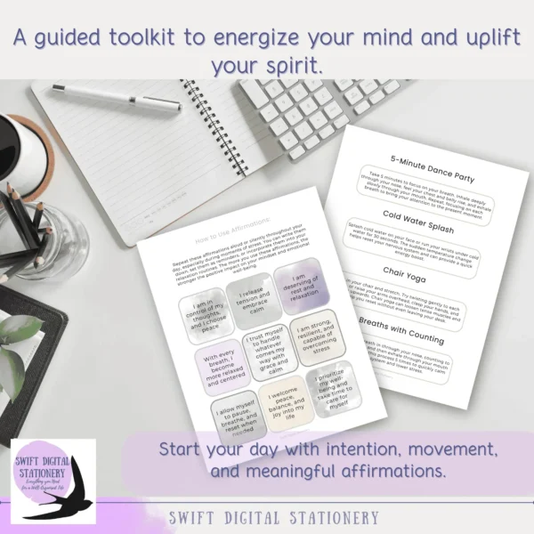 Printable self-care toolkit mockup with the phrase “A guided toolkit to energize your mind and uplift your spirit,” featuring soft, energizing colors and clean layout.