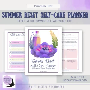 Printable Summer Reset Self-Care Planner cover with floral illustration and tagline “Reset your summer. Reclaim your joy.” Includes preview of checklist and reflection pages.