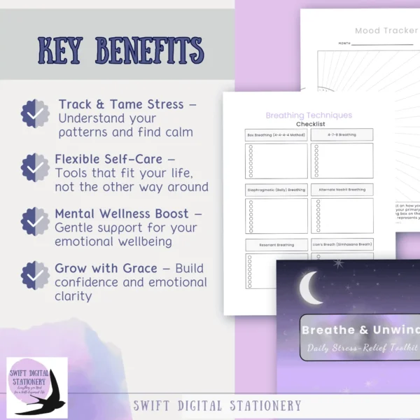 Key benefits of the Breathe & Unwind stress relief toolkit, shown on a calming printable mockup with soft colors and gentle typography.