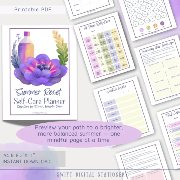 Printable Summer Reset Self-Care Planner with illustrated cover and preview of pages including self-care calendar, weekly goals, and emotional wellness tracker.