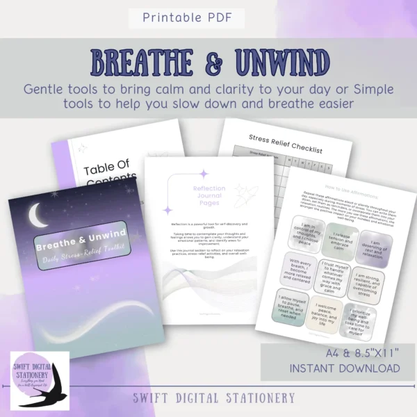 Mockup showing five printable pages from the Breathe & Unwind toolkit with the phrase “Gentle tools to bring calm and clarity to your day,” displayed in a soft, soothing layout.