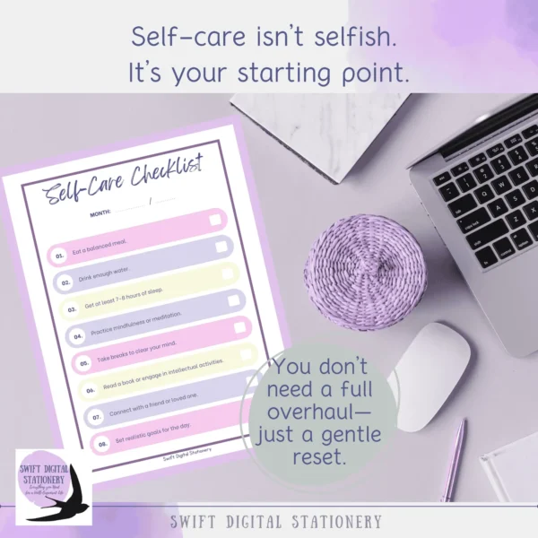 Printable self-care checklist from Summer Reset Self-Care Planner shown on a desk with laptop, pen, and purple woven basket. Includesself-care checklist.