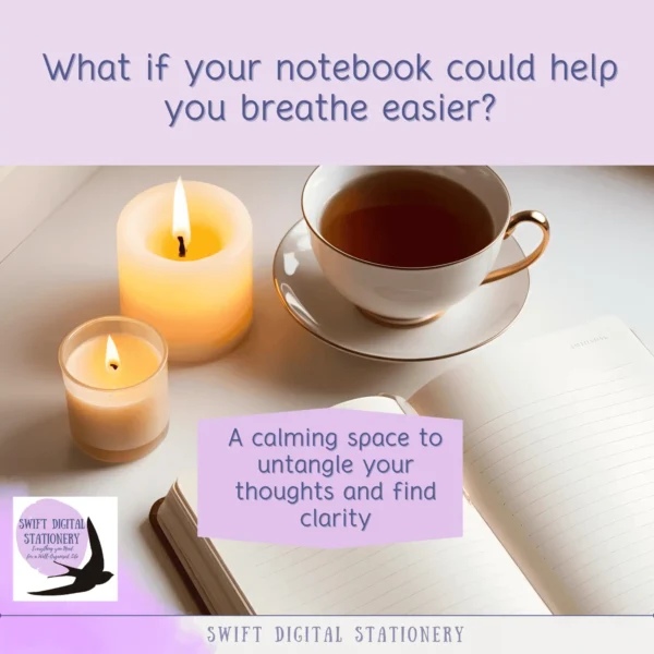 Mockup featuring the phrase “What if your notebook could help you breathe easier?” with calming visuals and a soft, reflective layout from the Breathe & Unwind toolkit.