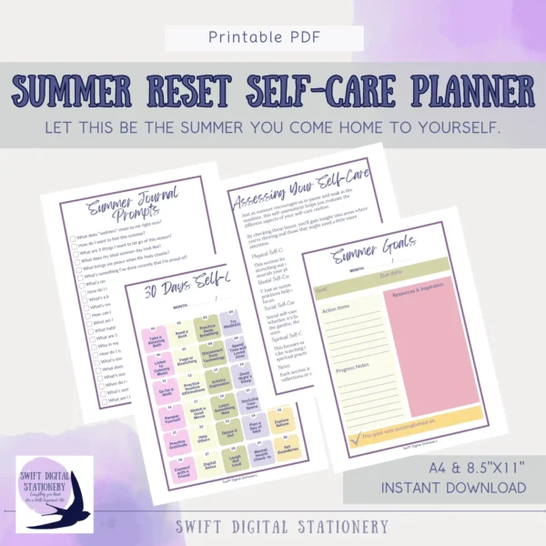 Printable Summer Reset Self-Care Planner pages including journal prompts, self-care assessment checklist, 30-day challenge, and summer goals worksheet.