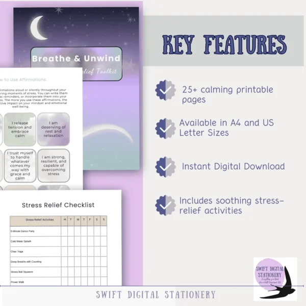 Mockup showing the key features of the Breathe & Unwind stress relief toolkit, with soft colors and a clean layout listing printable format, instant download, and page count.