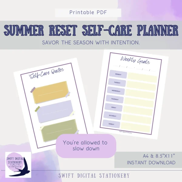 Printable Summer Reset Self-Care Planner pages featuring self-care quotes worksheet and weekly goals tracker. Includes affirmation “You’re allowed to slow down.”