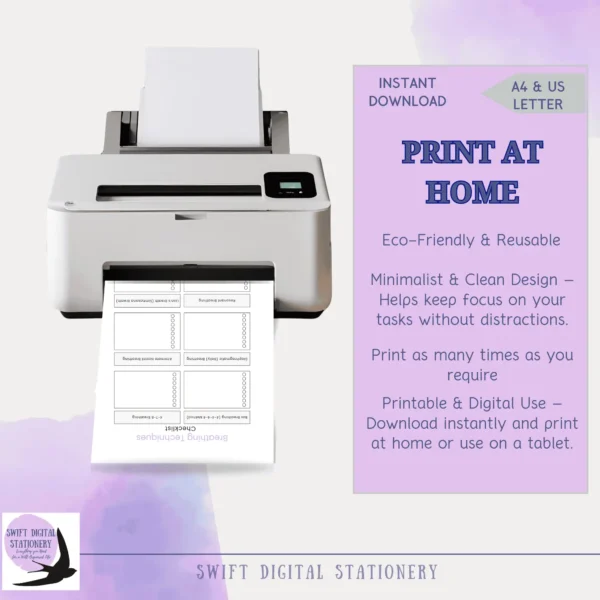 Mockup showing printable pages from the Breathe & Unwind toolkit with the phrase “Print at home or use digitally,” displayed in a clean, calming layout.