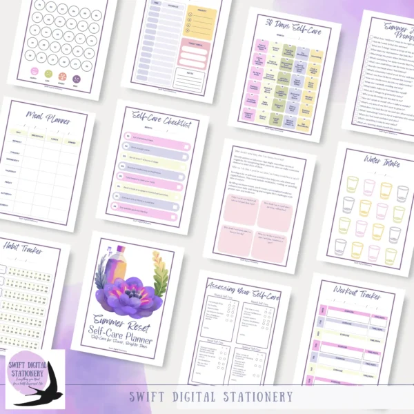Printable Summer Reset Self-Care Planner collage featuring mood tracker, habit tracker, self-care challenge, daily planner, water log, and illustrated cover.