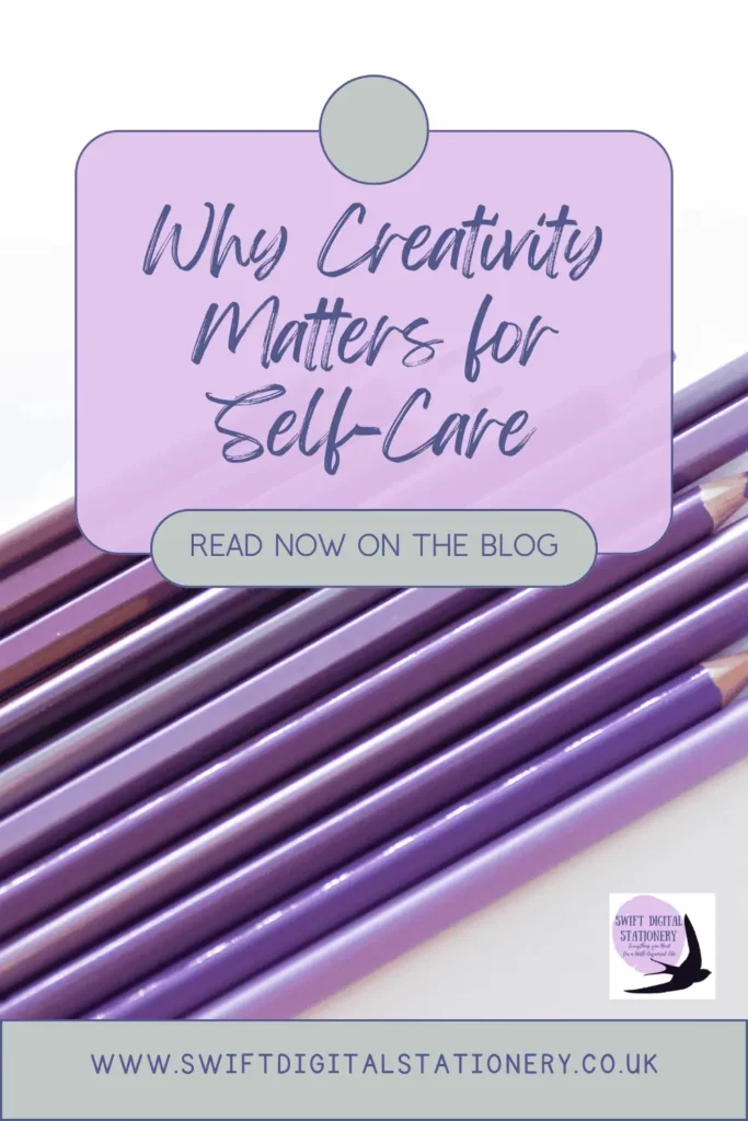 A collection of purple pencils arranged diagonally with a text overlay that reads "Why Creativity Matters for Self-Care." Below the main text, there is a button that says "Read Now on the Blog." The bottom of the image includes the website URL