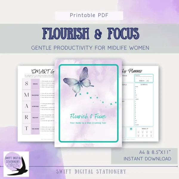 Planner pages styled to reinforce the Flourish and Focus theme